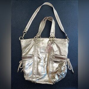 Coach Poppy Metallic Leather Shoulder Bag Womens Gold Satchel Crossbody Y2K Hobo